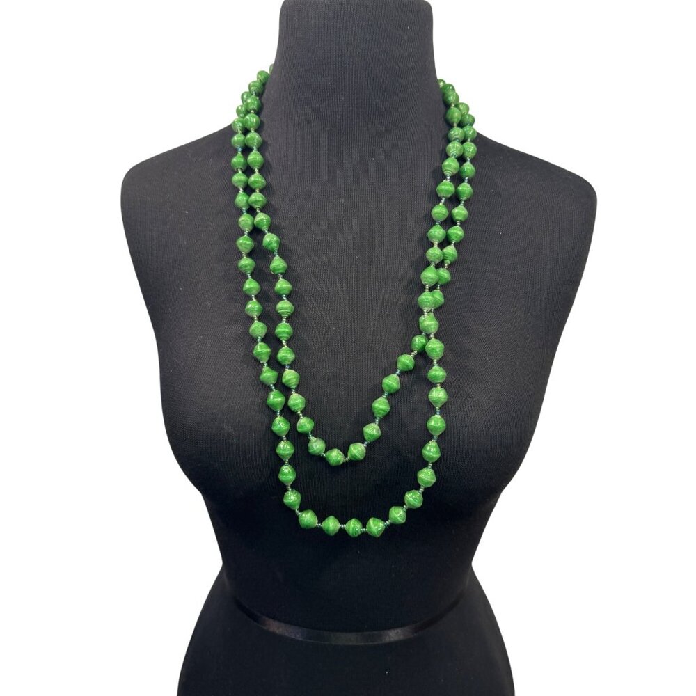Handmade Long Green Paper Bead Necklace Layered Lightweight 62 inches